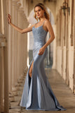 Sparkly Grey Blue Mermaid Corset Ruched Long Formal Dress with Sequins