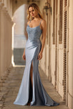 Sparkly Grey Blue Mermaid Corset Ruched Long Formal Dress with Sequins