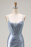 Grey Blue Mermaid Corset Beaded Pleated Long Prom Dress with Slit