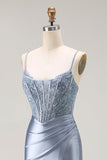 Grey Blue Mermaid Corset Beaded Pleated Long Prom Dress with Slit