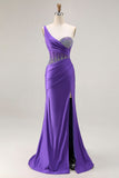 Dark Purple Mermaid One Shoulder Corset Long Prom Dress With Beading