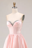 Pink A Line Sweetheart Satin Corset Long Prom Dress with Beading
