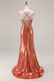 Metallic Orange Mermaid Beaded Ruched Long Prom Dress with Slit