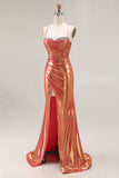 Metallic Orange Mermaid Beaded Ruched Long Prom Dress with Slit