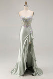 Sparkly Dusty Sage Floral Corset Mermaid Long Formal Dress with Ruffled Slit