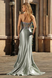 Sparkly Dusty Sage Floral Corset Mermaid Long Formal Dress with Ruffled Slit