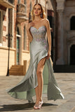 Sparkly Dusty Sage Floral Corset Mermaid Long Formal Dress with Ruffled Slit
