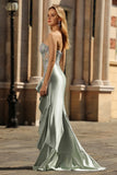 Sparkly Dusty Sage Floral Corset Mermaid Long Formal Dress with Ruffled Slit