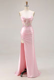 Sparkly Pink Mermaid Corset Sweetheart Floral Long Formal Dress With Slit