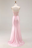 Strapless Pink Mermaid Corset Appliqued Sequin Long Prom Dress With Slit