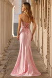 Strapless Pink Mermaid Corset Appliqued Sequin Long Prom Dress With Slit