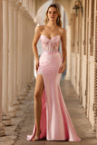 Sparkly Pink Mermaid Corset Sweetheart Floral Long Formal Dress With Slit