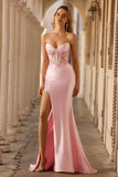 Strapless Pink Mermaid Corset Appliqued Sequin Long Prom Dress With Slit