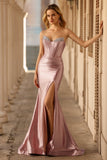 Sparkly Dusty Rose Beaded Mermaid Corset Long Formal Dress with Slit