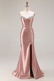 Sparkly Dusty Rose Beaded Mermaid Corset Long Formal Dress with Slit