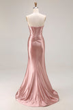 Sparkly Dusty Rose Beaded Mermaid Corset Long Formal Dress with Slit