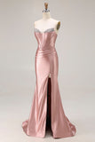 Dusty Rose Mermaid Strapless Beaded Corset Satin Long Prom Dress with Slit