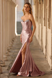 Sparkly Dusty Rose Beaded Mermaid Corset Long Formal Dress with Slit