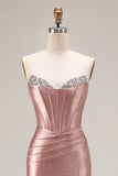 Dusty Rose Mermaid Strapless Beaded Corset Satin Long Prom Dress with Slit