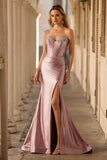 Dusty Rose Strapless Beaded Mermaid Corset Satin Long Prom Dress with Slit