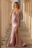 Sparkly Dusty Rose Beaded Mermaid Corset Long Formal Dress with Slit