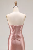 Dusty Rose Mermaid Strapless Beaded Corset Satin Long Prom Dress with Slit