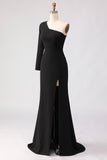 Black One Shoulder Mermaid Satin Mother Of The Bride Dress with Slit