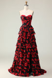Black Red Flower A Line Sweetheart Corset Ruffled Long Prom Dress with Slit