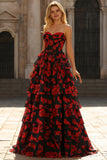 Black Red Flower A Line Sweetheart Corset Tiered Long Prom Dress with Slit