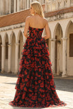 Black Red Flower A Line Sweetheart Corset Tiered Long Prom Dress with Slit