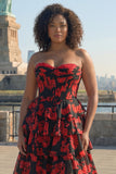 Black Red Flower Sweetheart Corset Tiered A Line Long Plus Size Prom Dress with Slit
