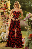 Black Red Flower A Line Sweetheart Corset Ruffled Long Prom Dress with Slit