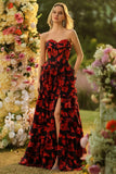 Black Red Flower A Line Sweetheart Corset Ruffled Long Prom Dress with Slit