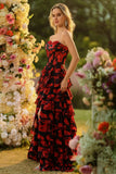 Black Red Flower A Line Sweetheart Corset Ruffled Long Prom Dress with Slit