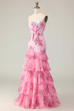 Pink Flower Strapless Tiered Mermaid Long Prom Dress with Ruffles