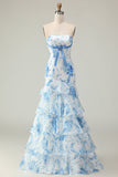 White Blue Flower Mermaid Strapless Tiered Print Long Prom Dress with Ruffles