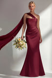 Burgundy Strapless Mermaid Satin Convertible Long Formal Dress with Streamer