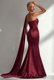 Burgundy Strapless Mermaid Satin Convertible Long Formal Dress with Streamer