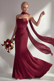 Burgundy Strapless Mermaid Satin Convertible Long Formal Dress with Streamer