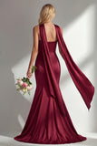 Burgundy Strapless Mermaid Satin Convertible Long Formal Dress with Streamer