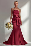 Burgundy Strapless Mermaid Satin Convertible Long Formal Dress with Streamer