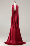 Burgundy Strapless Mermaid Satin Convertible Long Prom Dress with Streamer