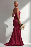 Burgundy Strapless Mermaid Satin Convertible Long Formal Dress with Streamer