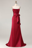 Burgundy Strapless Mermaid Satin Convertible Long Prom Dress with Streamer