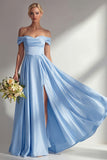 A-Line Off The Shoulder Blue Satin Long Bridesmaid Dress with Slit