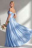 A-Line Off The Shoulder Blue Satin Long Bridesmaid Dress with Slit