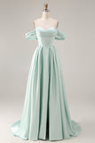 A-Line Off The Shoulder Blue Satin Long Bridesmaid Dress with Slit