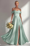 A-Line Off The Shoulder Blue Satin Long Bridesmaid Dress with Slit