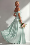 A-Line Off The Shoulder Blue Satin Long Bridesmaid Dress with Slit