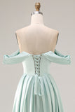 A-Line Off The Shoulder Blue Satin Long Bridesmaid Dress with Slit